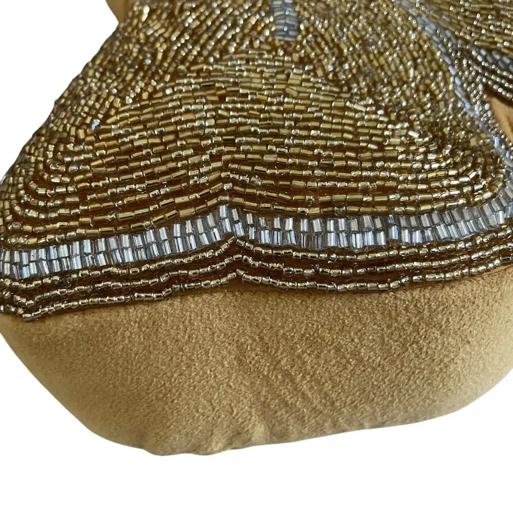 Glitz & Glimmer Beaded Gold Velvet Bow Pillow Holiday Glam Designer Decor New